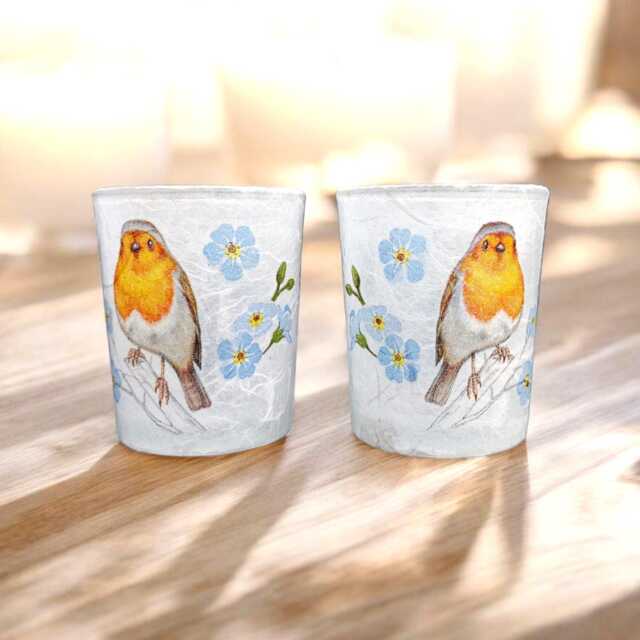 Robin & Forget Me Nots, Memorial, Remembrance, Small Votive Glass Tealight Holder Set, Home Decor, Gift Boxed - image 1