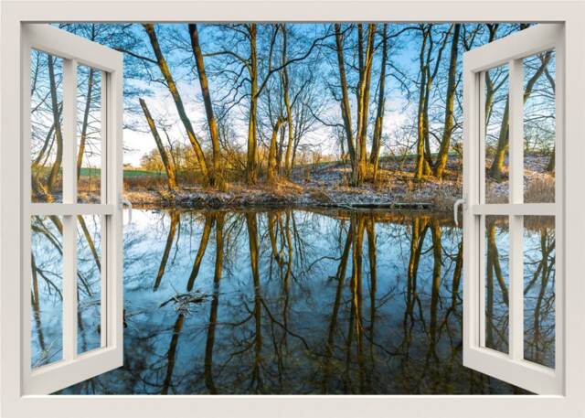 River Scene Wall Decal Mural, 3D Window View Decal, Sticker, Nature Forest Bedroom Home Decor Living Room
