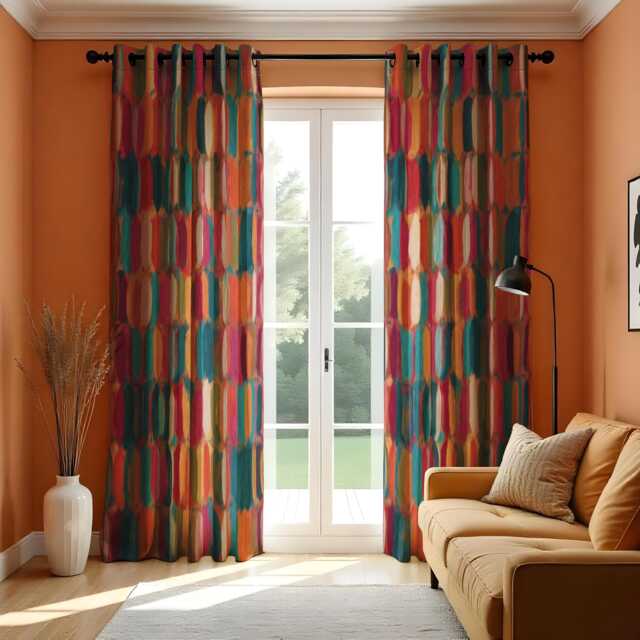 Colorful Abstract Geometric Curtain, Bold Retro Pattern in Red, Blue & Orange, Modern Window Treatment, Custom Size Available, Made To Order - image 1