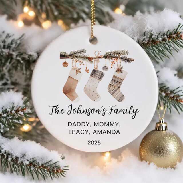 Family Christmas Watercolor Stockings Ornament, Of Three Custom New Personalized Ornament - image 1