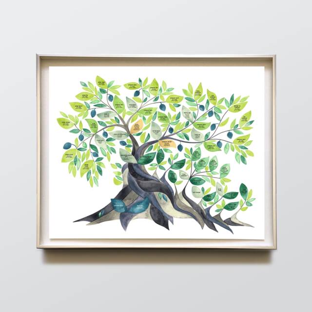 Jewish Family Tree Watercolor Painting With Hebrew Names Secular Olive Tree, Custom Ancestry Tree Of Life - image 1