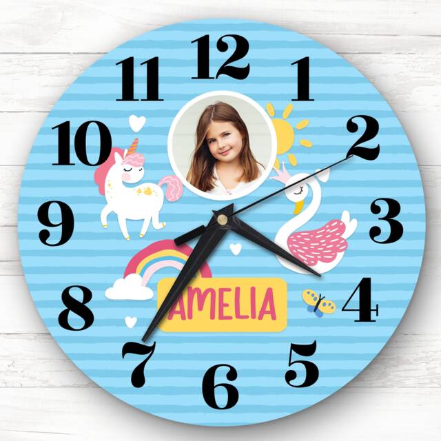 Girls Room Blue Unicorn Swan Photo Custom Gift Personalised Clock - image 1
