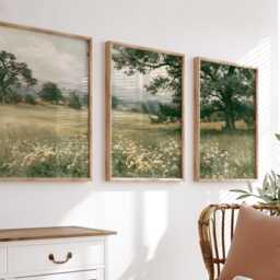 Green Meadow Landscape Poster Set, Vintage Oak Tree Wall Art - thumbnail 3