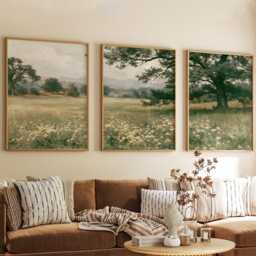 Green Meadow Landscape Poster Set, Vintage Oak Tree Wall Art - thumbnail 4