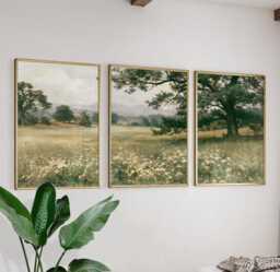 Green Meadow Landscape Poster Set, Vintage Oak Tree Wall Art