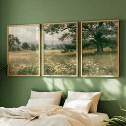 Green Meadow Landscape Poster Set, Vintage Oak Tree Wall Art - thumbnail 2