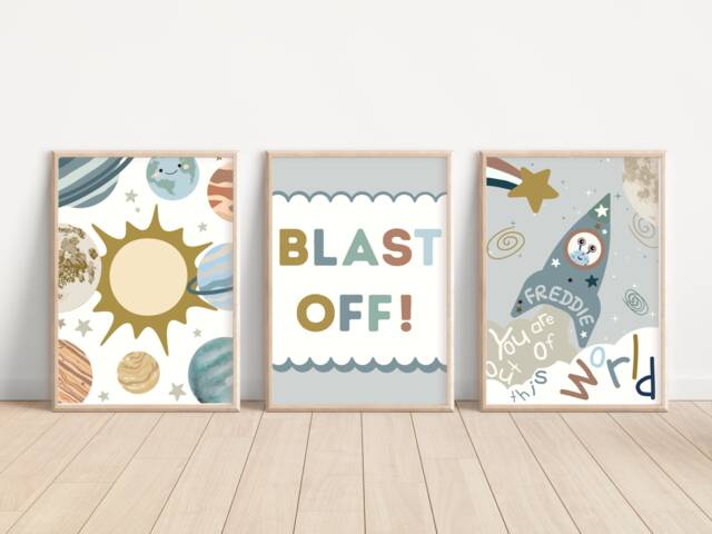 Set Of 3 Space Prints With A Personalised Rocket Print. Perfect For Nursery, Bedroom Or Playroom - Prints Only - image 1