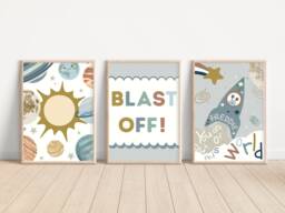 Set Of 3 Space Prints With A Personalised Rocket Print. Perfect For Nursery, Bedroom Or Playroom - Prints Only - thumbnail 1