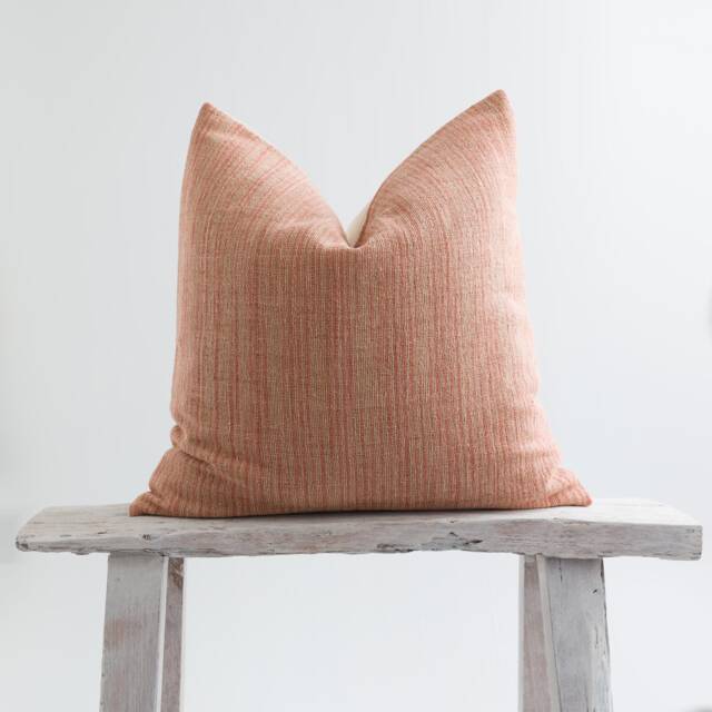 Pastel Orange Woven Throw Pillow, Striped Cotton, Bamboo Reverse - image 1