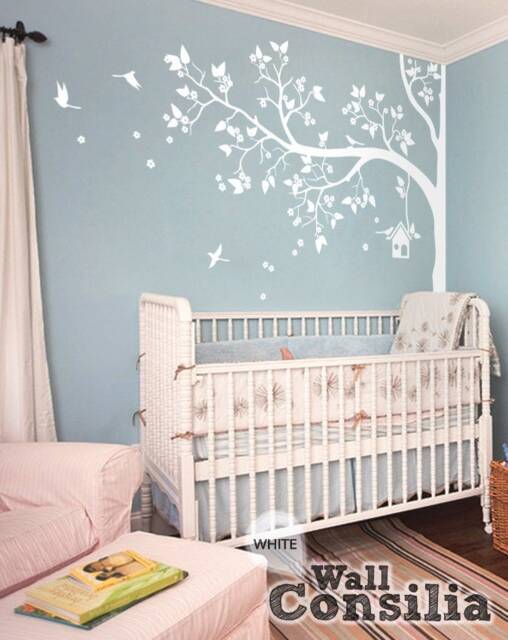 "White Blossom Tree Wall Decal Nursery Corner Mural With Birds - 93"" X 70" - image 1