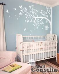 "White Blossom Tree Wall Decal Nursery Corner Mural With Birds - 93"" X 70" - thumbnail 1