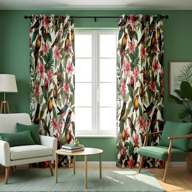 Botanical Bird Curtains, Vibrant Tropical Flowers & Birds Drapes, Custom Made Window Panels For Nature Inspired Home Decor - image 1