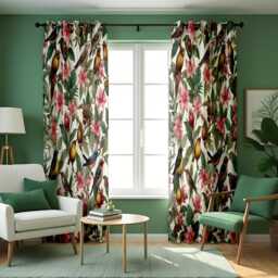 Botanical Bird Curtains, Vibrant Tropical Flowers & Birds Drapes, Custom Made Window Panels For Nature Inspired Home Decor