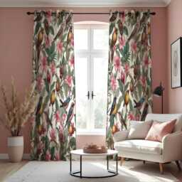 Botanical Bird Curtains, Vibrant Tropical Flowers & Birds Drapes, Custom Made Window Panels For Nature Inspired Home Decor - thumbnail 3