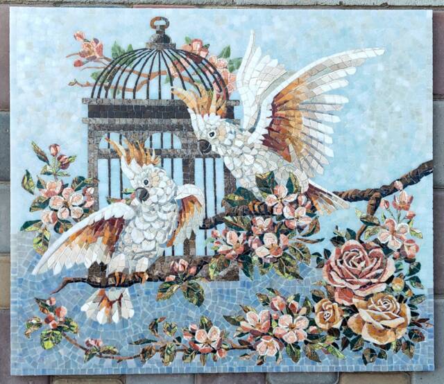 Marble Mosaic Handmade, Sulphur Crested Cockatoos, Wall Art, Roman Mosaic, Home Decor, Tiles, Birds, Cockatoos - image 1