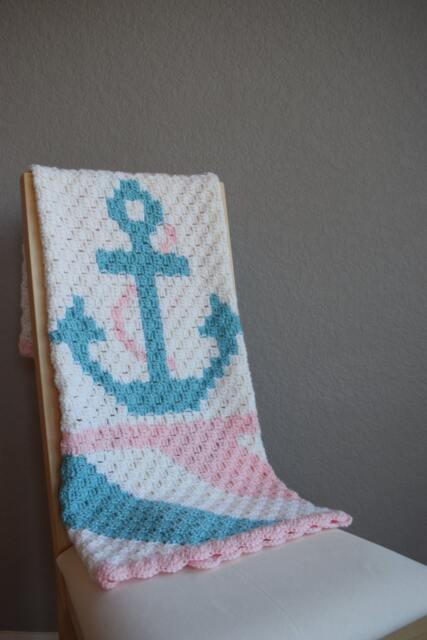 Hand Crocheted Anchor Baby Blanket, Nautical Nursery Decor - image 1