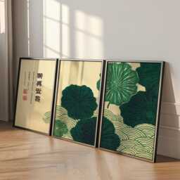 Green Botanical Woodblock Posters Set Of 3 - Japanese Style Floral Wall Art - thumbnail 3