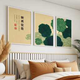 Green Botanical Woodblock Posters Set Of 3 - Japanese Style Floral Wall Art - thumbnail 2