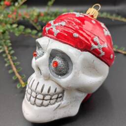 Hand Blown Glass Pirate Skull Christmas Ornament - Polish Bauble - thumbnail 2