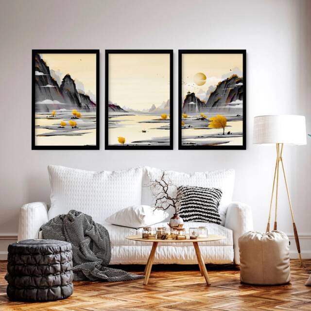 Trendy Japandi Set Of 3 Framed Wall Art Prints For Living Room Decor, Japanese Zen Large Gallery Hanging New Apartment Decor - image 1