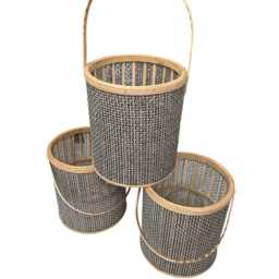Hurricane Lanterns Set Of 3 Rattan Candle Blue White Lanterns Rattan Styled Wood Decor - thumbnail 2