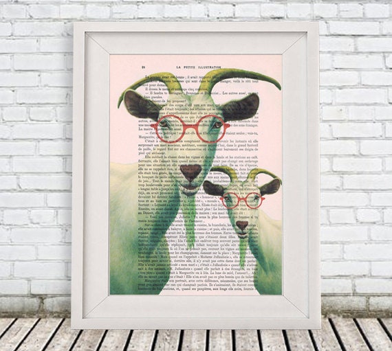 Two Clever Goats With Spectacles, Animal Painting, Decorative Art, Goat Print, Kids Room, Bubblegum, Poster - image 1