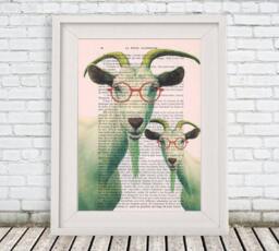 Two Clever Goats With Spectacles, Animal Painting, Decorative Art, Goat Print, Kids Room, Bubblegum, Poster - thumbnail 1