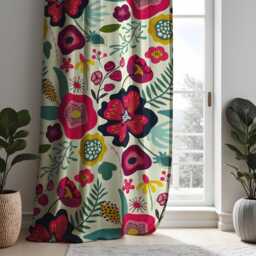 Bold Floral Curtains, Vibrant Pink & Navy Botanical Print Drapes, Boho Chic Window Treatment, Custom Length Panel Curtains For Living Room - thumbnail 2
