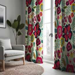 Bold Floral Curtains, Vibrant Pink & Navy Botanical Print Drapes, Boho Chic Window Treatment, Custom Length Panel Curtains For Living Room - thumbnail 1