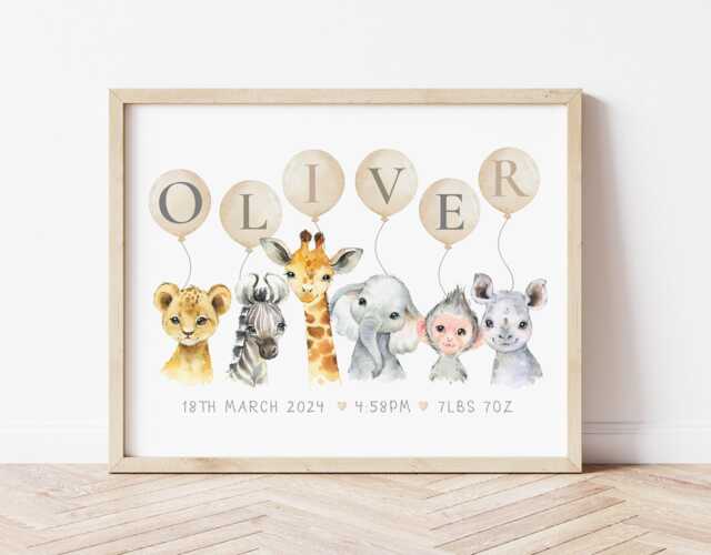 New Baby Gift - Safari Name Print Personalised Name Print Jungle Animal Nursery Neutral Decor - image 1