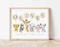 New Baby Gift - Safari Name Print Personalised Name Print Jungle Animal Nursery Neutral Decor - thumbnail 1