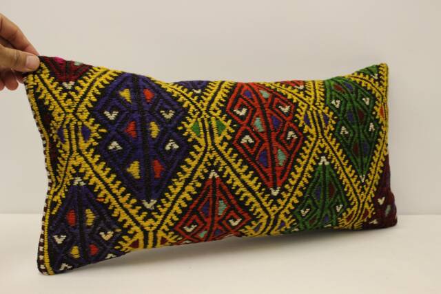 Lumbar Pillow, 12x24 - 30x60 cm Turkish Kilim Boho Throw Pillow Covers Old Cushion Vintage 4Oaf-653 - image 1