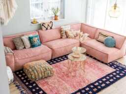 Pink Blue Geometric Moroccan Shag Rug, Tribal Boho Carpet, Hand Knotted Berber Wool Area Large Living Room Rugs