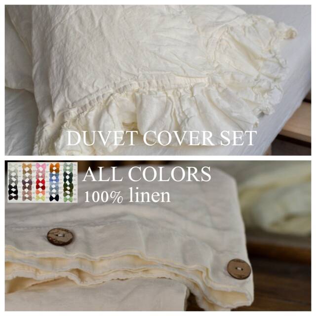 Duvet Cover Set & Pillow With Ruffle Antique White Color Stone Washed Seamless Full King Quilt Linen Duvet Cover Full - image 1