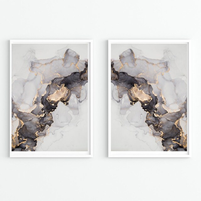 Abstract Fluid Art - Black & Gold Set Of 2 Prints - image 1