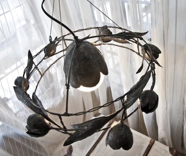 Unusual Metal Hanging Lamp With 7 Iron Tulips, Whimsical Wreath From Steel Flowers, Masterpiece By Thesteelstylethings - image 1
