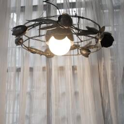 Unusual Metal Hanging Lamp With 7 Iron Tulips, Whimsical Wreath From Steel Flowers, Masterpiece By Thesteelstylethings - thumbnail 3