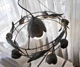 Unusual Metal Hanging Lamp With 7 Iron Tulips, Whimsical Wreath From Steel Flowers, Masterpiece By Thesteelstylethings - thumbnail 1
