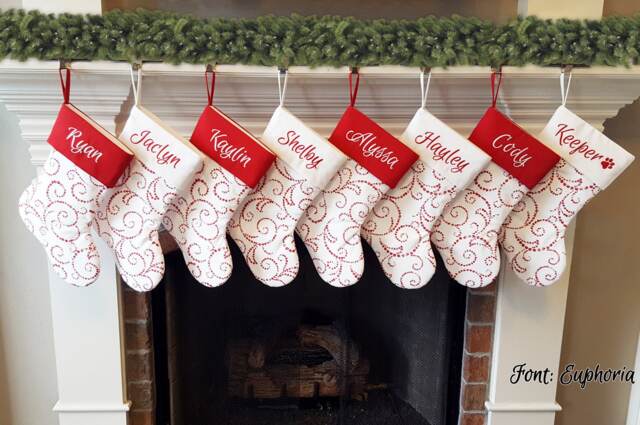 Christmas Stocking, Personalized Stockings. Stockings with Warm White Red Whimsical Swirl. Embroidered Stocking - image 1