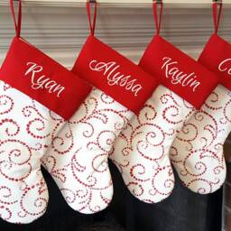 Christmas Stocking, Personalized Stockings. Stockings with Warm White Red Whimsical Swirl. Embroidered Stocking - thumbnail 2