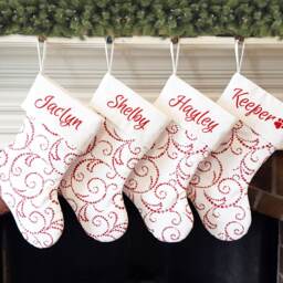 Christmas Stocking, Personalized Stockings. Stockings with Warm White Red Whimsical Swirl. Embroidered Stocking - thumbnail 3