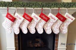 Christmas Stocking, Personalized Stockings. Stockings with Warm White Red Whimsical Swirl. Embroidered Stocking - thumbnail 1