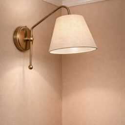Handmade Aged Brass Wall Sconce, Linen Shade, Vintage Light Cove - thumbnail 3