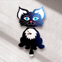 Cat Pendulum Clock Timo, Tail Wagging Back & Forth, Cat Clock, Wall Black Cat, Wooden