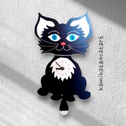 Cat Pendulum Clock Timo, Tail Wagging Back & Forth, Cat Clock, Wall Black Cat, Wooden - thumbnail 2