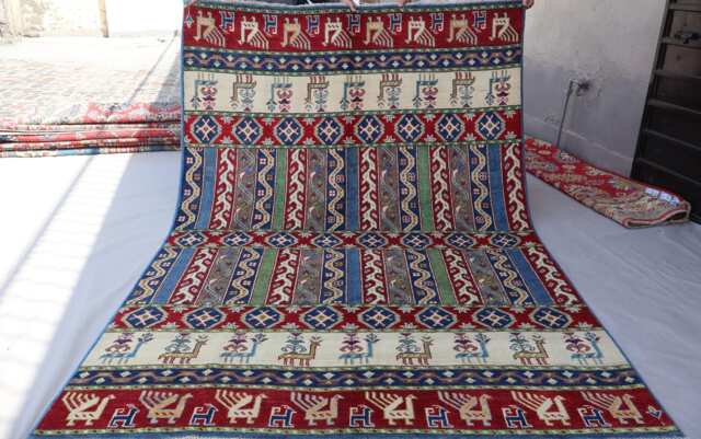 5x8 Pictorial Gabbeh Rug, One Of A Kind Afghan Hand Knotted Veg Dyes Wool Area Kids Room Oriental Red Navy Blue Green Beige - image 1