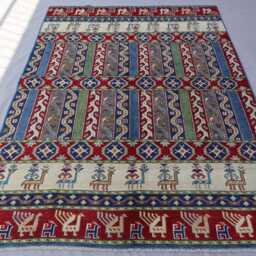 5x8 Pictorial Gabbeh Rug, One Of A Kind Afghan Hand Knotted Veg Dyes Wool Area Kids Room Oriental Red Navy Blue Green Beige - thumbnail 3