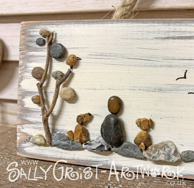 Small Handmade Pebble Art Picture - Woodland Dogs & Owner On Rustic Wood Plaque - image 1