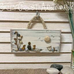 Small Handmade Pebble Art Picture - Woodland Dogs & Owner On Rustic Wood Plaque - thumbnail 3