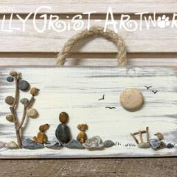 Small Handmade Pebble Art Picture - Woodland Dogs & Owner On Rustic Wood Plaque - thumbnail 2